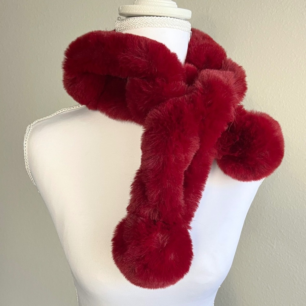 Red Faux Fur Pull Through Scarf with Pom Poms Plush Winter Retro Goth Fairycore